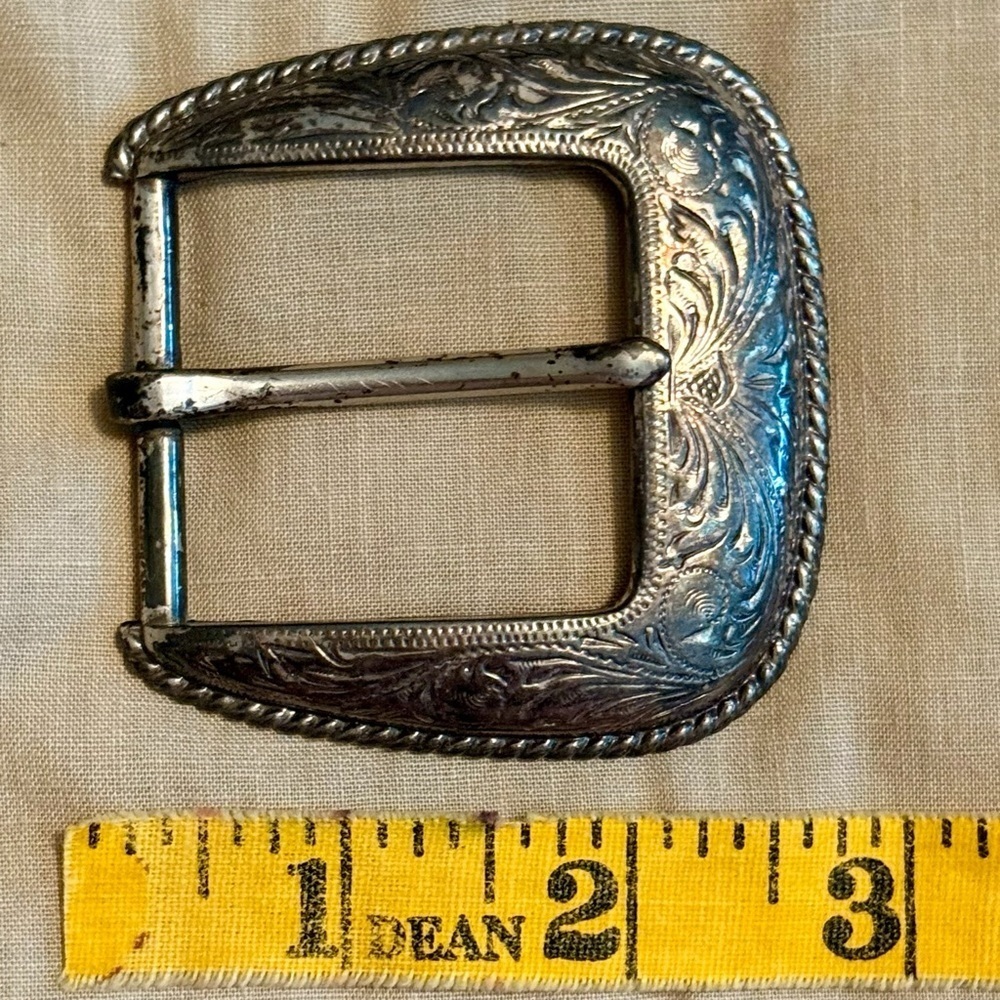 Silver Etched Rope Edge Engraved Belt Buckle VINTAGE Unisex - Picture 9 of 16